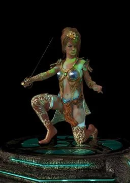 3D Female Warrior in Ornate Armor with Sword 库存插图