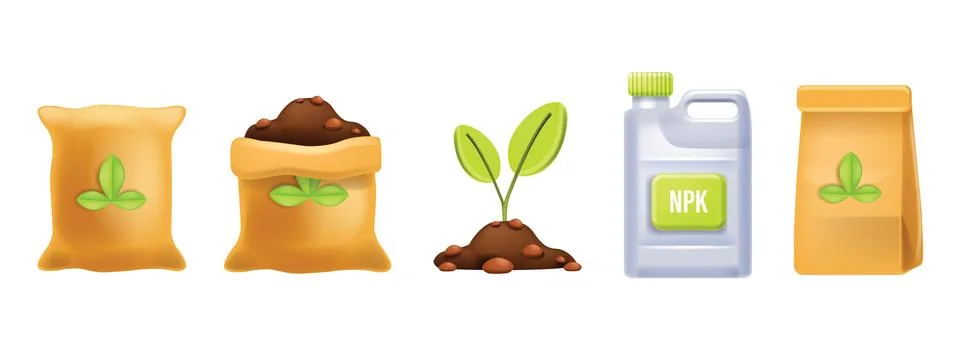 3D fertilizer bag vector icon set, flower soil, garden dirt illustration Stock Illustration