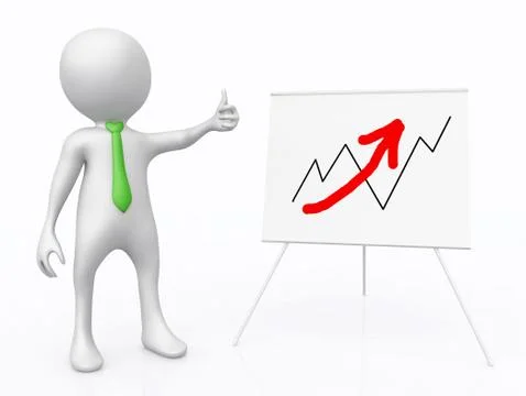 3D figure in front of flip chart with sales curve Stock Illustration
