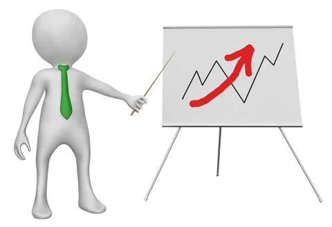 3D figure in front of flip chart with sales curve isolated on white background Stock Illustration