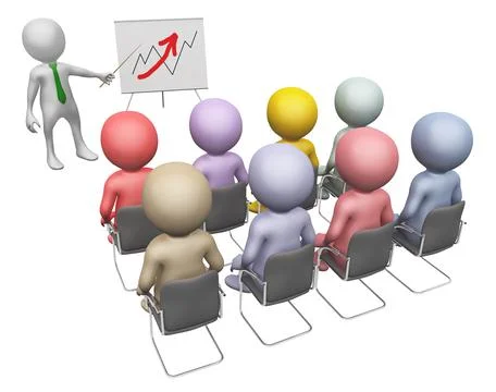 3D figure in front of flip chart with sales curve isolated on white background Stock Illustration