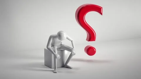 3D Figure in Thoughtful Contemplation on Cube with Red Question Mark Minima.. Stock Footage 314069067