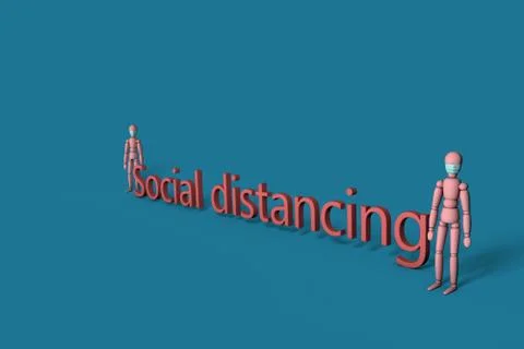 3D figures with face mask and social distancing word. Stock Illustration