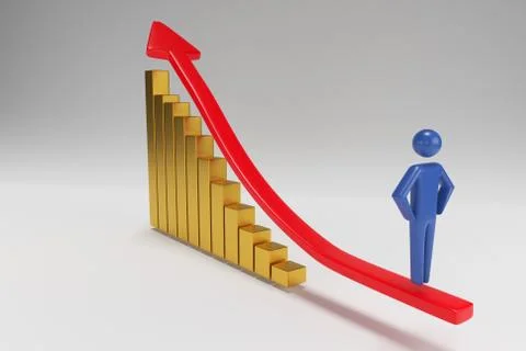 3d figures, person going up on the red arrow. 3d rendering Stock Illustration