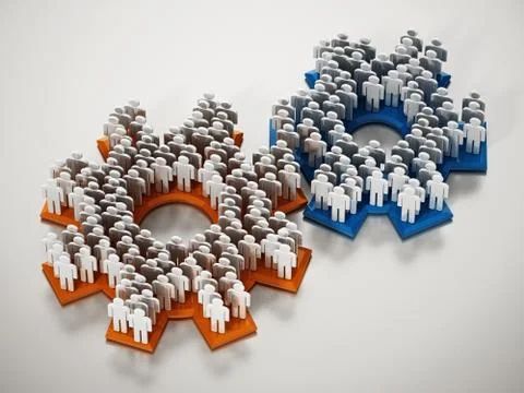3D figures standing on connected gears. 3D illustration Stock Illustration