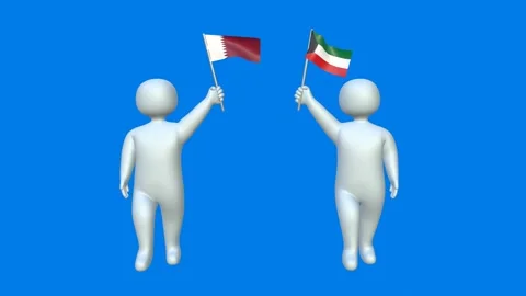 3D figures waving Qatar and Kuwait flags on blue screen Video stock 320353387