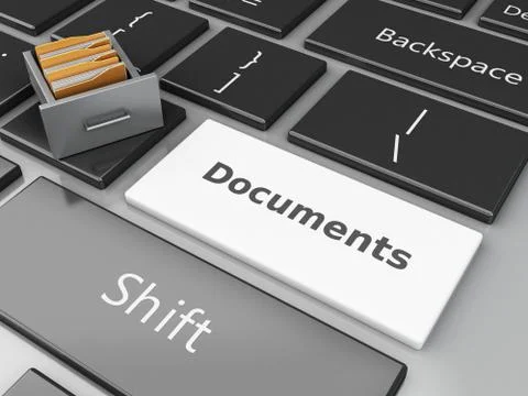 3d File cabinet with folders on the computer keyboard Illustrazione stock