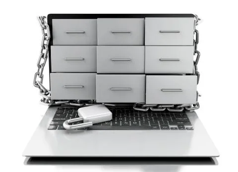 3d File cabinets in laptop with open padlock. Stock Illustration