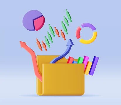 3D File Folder full of Pie Diagram and Arrows Stock Illustration