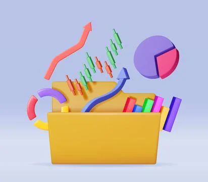 3D File Folder full of Pie Diagram and Arrows Stock Illustration