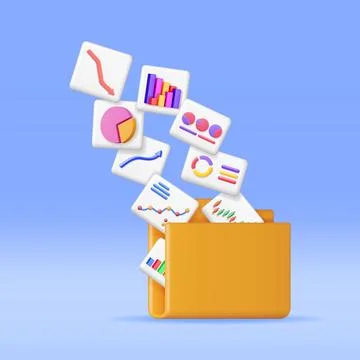 3D File Folder full of Pie Diagram and Arrows Stock Illustration