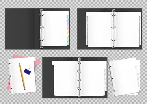 3D file folder. Open office notebook. Metal ring binder. Pages with holes. Pa Illustrazione stock