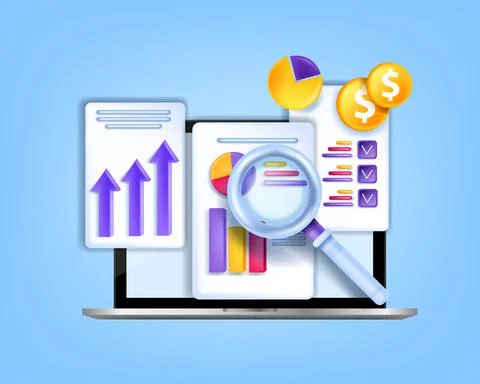 3D finance data analysis concept, vector business research report Illustrazione stock