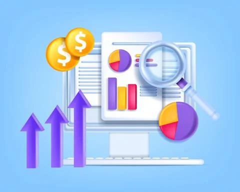 3D finance data analysis concept, vector business report illustration Illustrazione stock