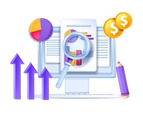 3D finance data analysis, vector business report graph, computer screen Stock Illustration