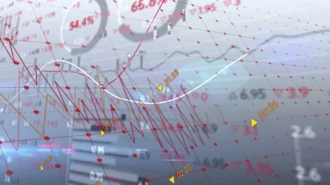 3D finance data viz receiving feed, updating jagged red line and white trend, Stock Footage 332844012