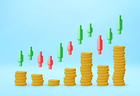 3D Financial graph candlesticks and of gold coins. Stock Illustration