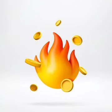 3D fire flame with flying gold coins. Stock Illustration