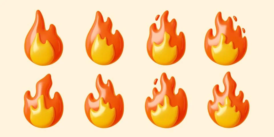 3d fire flames, bonfire and hot emoji icons set Ilustración de archivo