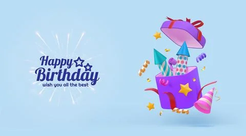 3D firework. Birthday card with firecracker rocket and open gift box 库存插图