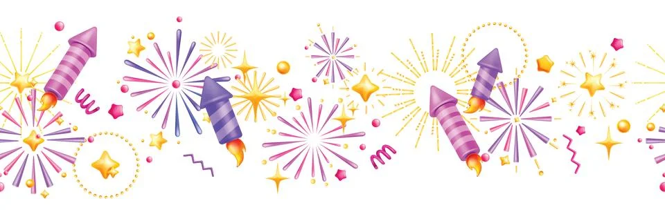 3D firework seamless border, New Year vector confetti stars frame, Christmas Stock Illustration