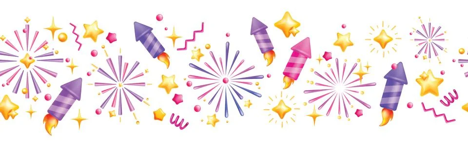 3D firework seamless border, vector confetti New Year frame, Christmas Stock Illustration