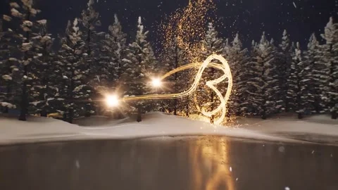 3D Firework Spectacle Illuminates Forest Creates Christmas Tree Video stock 257648020