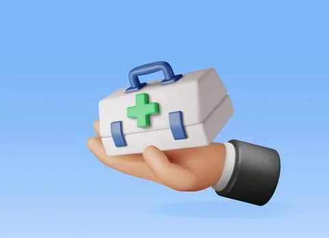 3d First aid kit with green cross in hand Stock Illustration