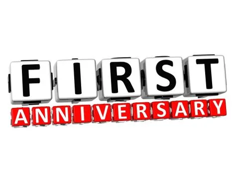 3d first anniversary button click here block text Stock Illustration