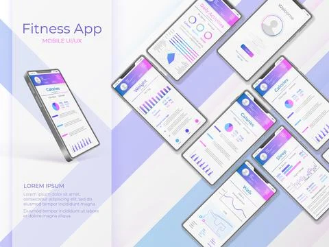 3D fitness app. Android application design mockup. Web trends. Mobile UX Stock Illustration