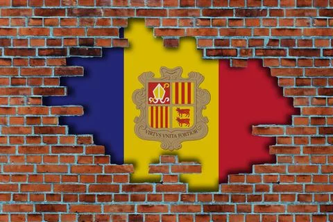 3D Flag of Andorra behind the broken old stone wall background. Illustrazione stock