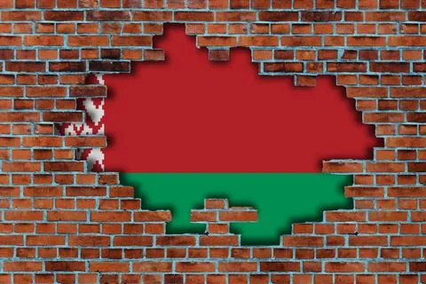 3D Flag of Belarus behind the broken old stone wall background. Illustrazione stock