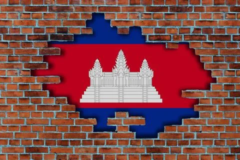 3D Flag of Cambodia behind the broken old stone wall background. Stock Illustration