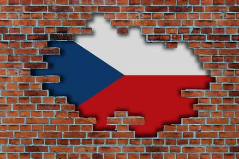3D Flag of Czech behind the broken old stone wall background. Illustrazione stock