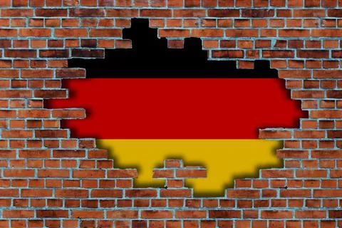 3D Flag of Germany behind the broken old stone wall background. Illustrazione stock