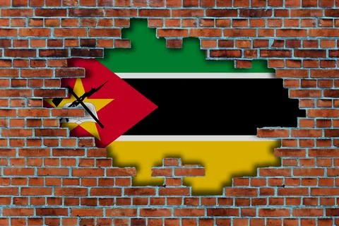 3D Flag of Mozambique behind the broken old stone wall background. Stock Illustration