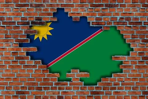 3D Flag of Namibia behind the broken old stone wall background. Illustrazione stock