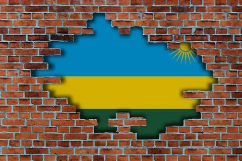 3D Flag of Rwanda behind the broken old stone wall background. 스톡 일러스트