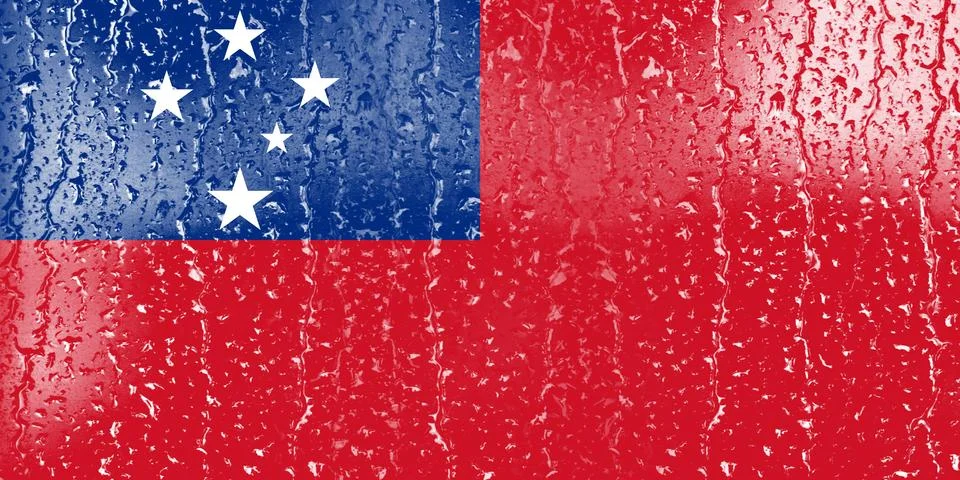 3D Flag of Samoa on a glass with water drop background. Stock Illustration