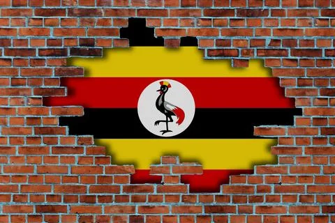 3D Flag of Uganda behind the broken old stone wall background. Stock Illustration