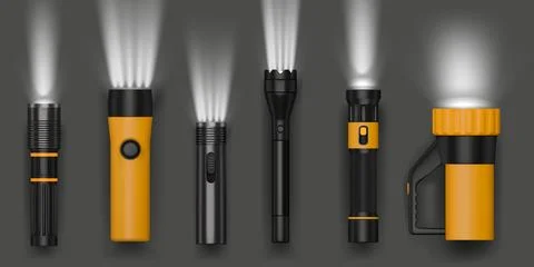 3D flashlight. Electric torch light. Flash lantern beam or realistic led glow Stock Illustration