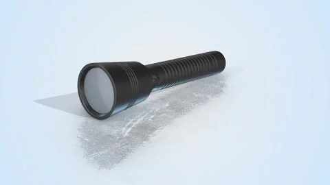 3D Flashlight on a Light Reflective Floor. Black Textured Torch Animation. 4K Stock Footage 295420432