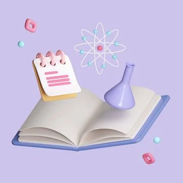 3d flask, checklist and book open isolated on pastel background. Scientific Stock Illustration