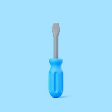 3D flathead screwdriver with blue handle standing upright Stock Illustration