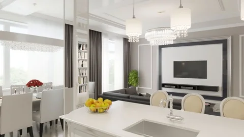 3d flight of the camera  from the kitchen area to the TV zone Stock Footage 88768520