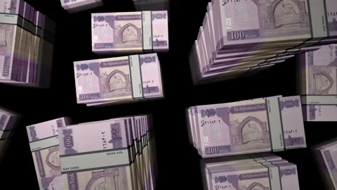 3d flight over the Afghanistan 100 Afghani money banknote packs loop Stock Footage 334046357