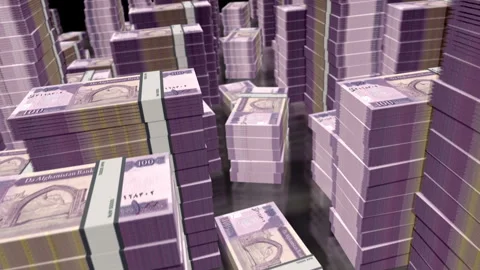 3d flight over Afghanistan 100 Afghani money banknote packs loop Stock Footage 334317048