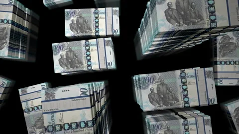3d flight over the Botswana 100 pula money banknote packs loop Stock Footage 329429112