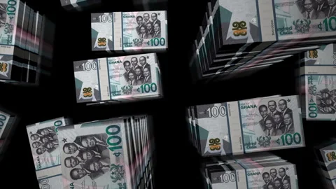 3d flight over the Ghana 100 Cedi money banknote packs loop Stock Footage 315745472