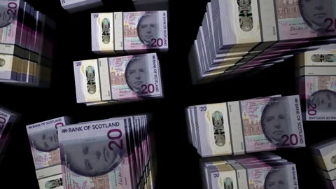 3d flight over the Scotland 20 pounds sterling money banknote packs loop Stock Footage 342238026